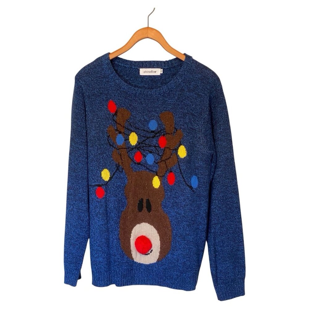 Shineflow Blue Rudolf Ugly Christmas Sweater Men's M Red Nose Holiday Lights
